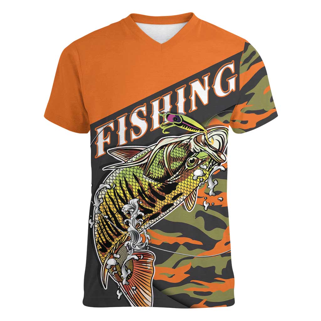 Bass Fishing Fisherman Women V-Neck T-Shirt Camouflag Pattern - Wonder Print Shop