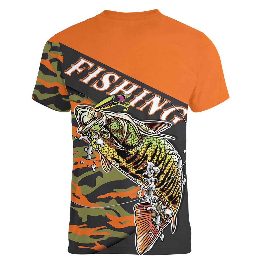 Bass Fishing Fisherman Women V-Neck T-Shirt Camouflag Pattern - Wonder Print Shop