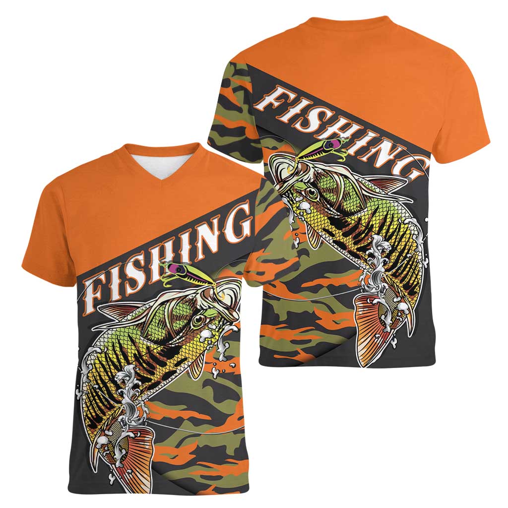 Bass Fishing Fisherman Women V-Neck T-Shirt Camouflag Pattern - Wonder Print Shop