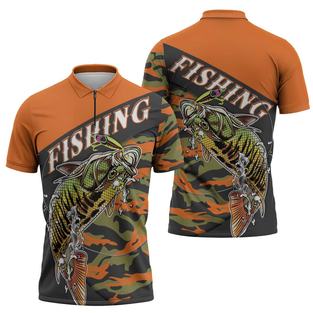 Bass Fishing Fisherman Zipper Polo Shirt Camouflag Pattern - Wonder Print Shop