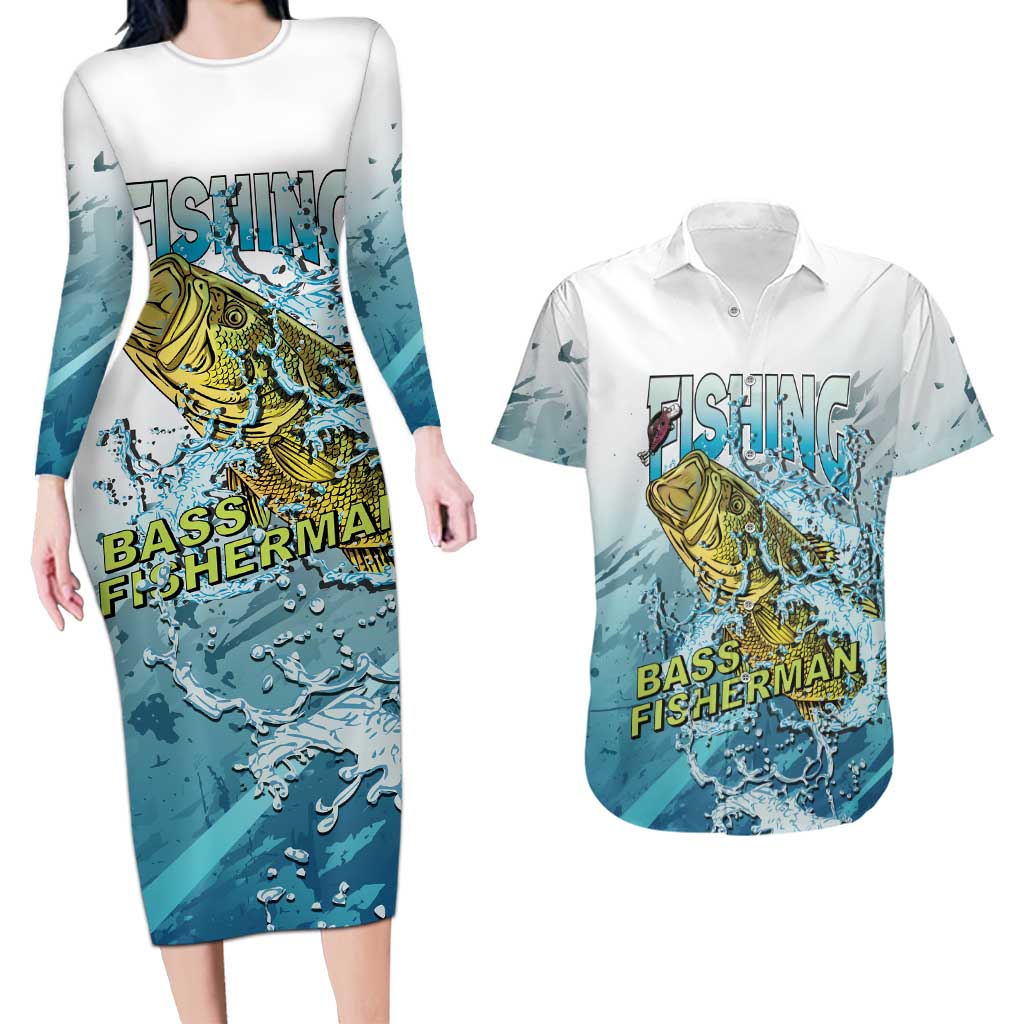 Bass Fishing Vintage Couples Matching Long Sleeve Bodycon Dress and Hawaiian Shirt - Wonder Print Shop