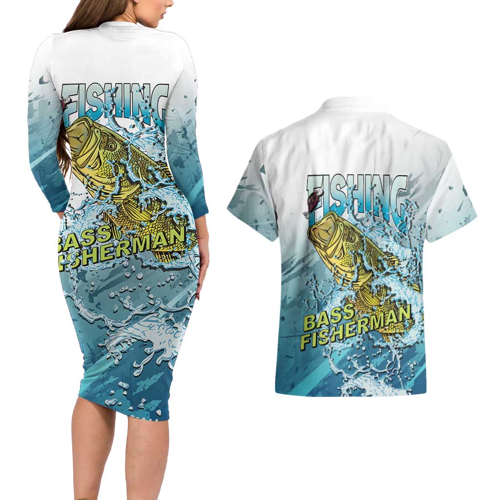 Bass Fishing Vintage Couples Matching Long Sleeve Bodycon Dress and Hawaiian Shirt - Wonder Print Shop