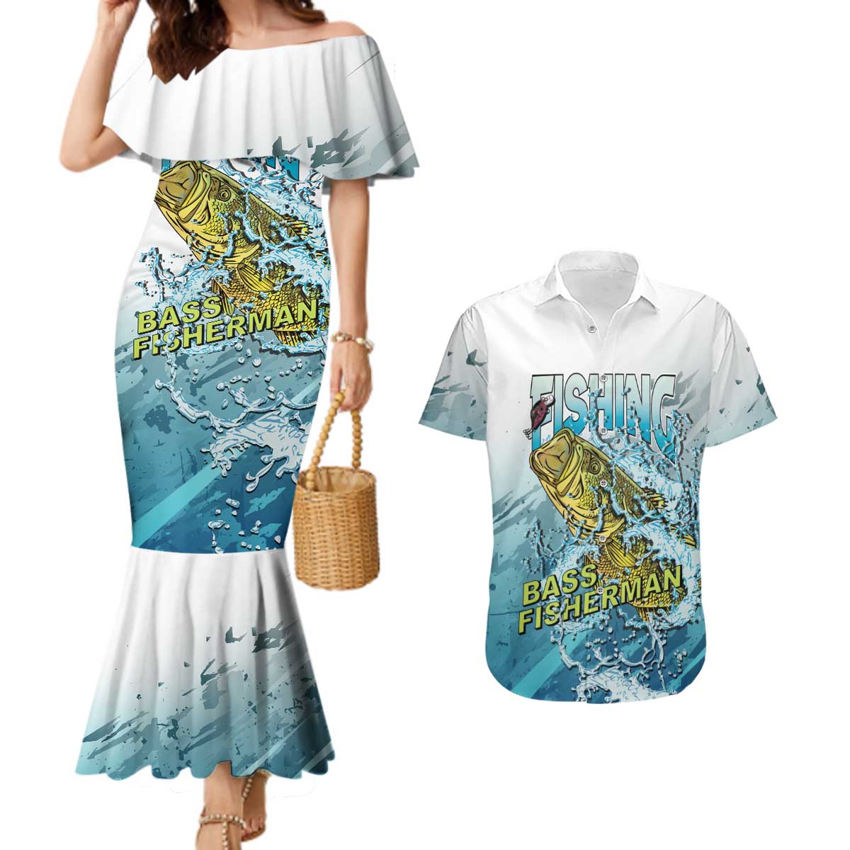 Bass Fishing Vintage Couples Matching Mermaid Dress and Hawaiian Shirt - Wonder Print Shop