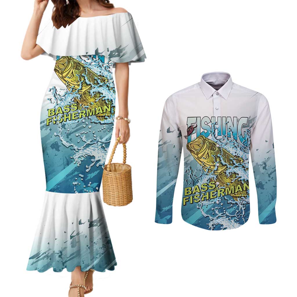 Bass Fishing Vintage Couples Matching Mermaid Dress and Long Sleeve Button Shirt - Wonder Print Shop