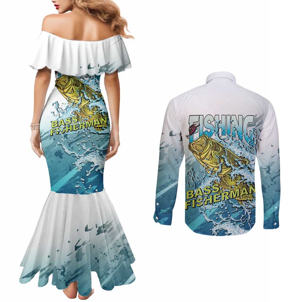 Bass Fishing Vintage Couples Matching Mermaid Dress and Long Sleeve Button Shirt - Wonder Print Shop