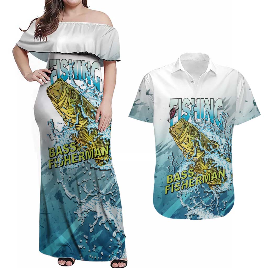 Bass Fishing Vintage Couples Matching Off Shoulder Maxi Dress and Hawaiian Shirt - Wonder Print Shop