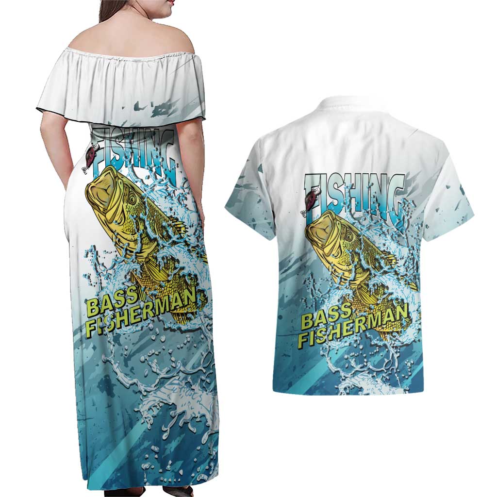 Bass Fishing Vintage Couples Matching Off Shoulder Maxi Dress and Hawaiian Shirt - Wonder Print Shop