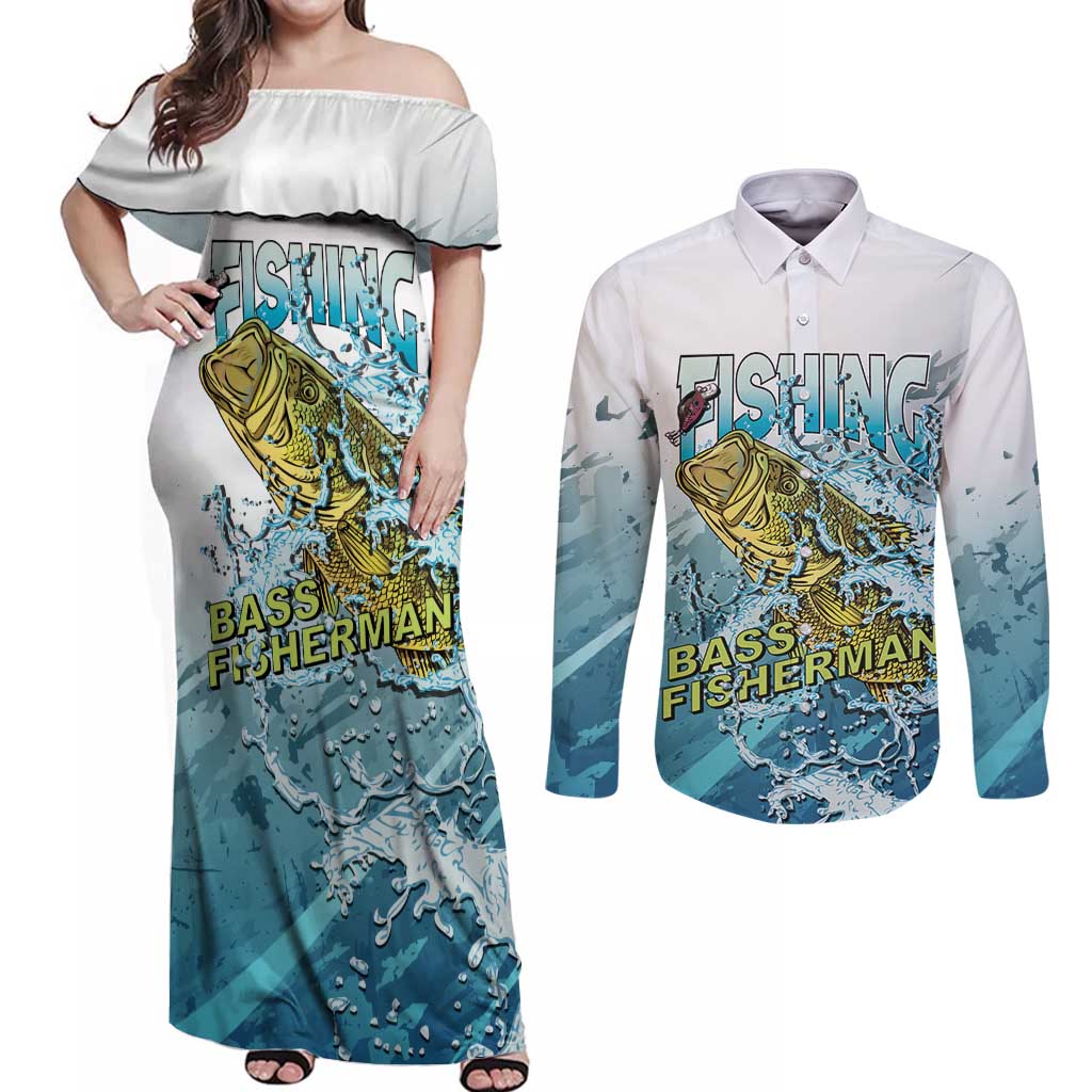 Bass Fishing Vintage Couples Matching Off Shoulder Maxi Dress and Long Sleeve Button Shirt - Wonder Print Shop