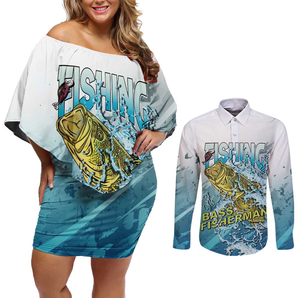 Bass Fishing Vintage Couples Matching Off Shoulder Short Dress and Long Sleeve Button Shirt - Wonder Print Shop