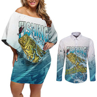 Bass Fishing Vintage Couples Matching Off Shoulder Short Dress and Long Sleeve Button Shirt - Wonder Print Shop
