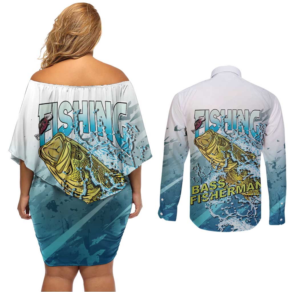 Bass Fishing Vintage Couples Matching Off Shoulder Short Dress and Long Sleeve Button Shirt - Wonder Print Shop