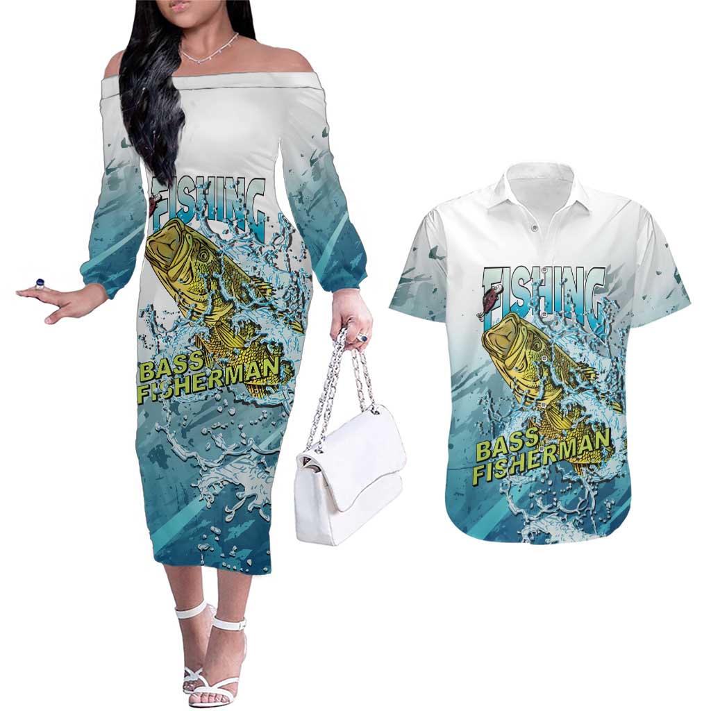 Bass Fishing Vintage Couples Matching Off The Shoulder Long Sleeve Dress and Hawaiian Shirt - Wonder Print Shop