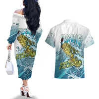 Bass Fishing Vintage Couples Matching Off The Shoulder Long Sleeve Dress and Hawaiian Shirt - Wonder Print Shop