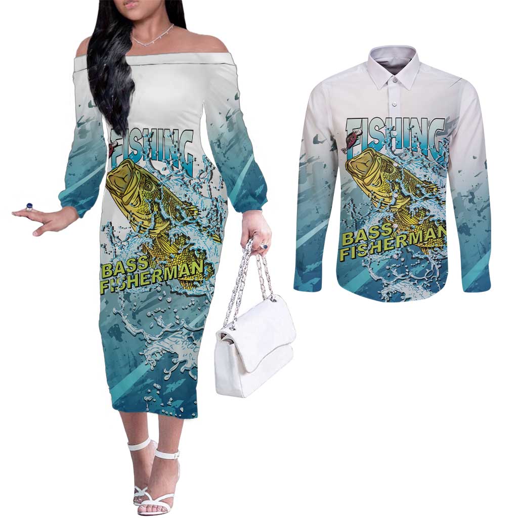 Bass Fishing Vintage Couples Matching Off The Shoulder Long Sleeve Dress and Long Sleeve Button Shirt - Wonder Print Shop