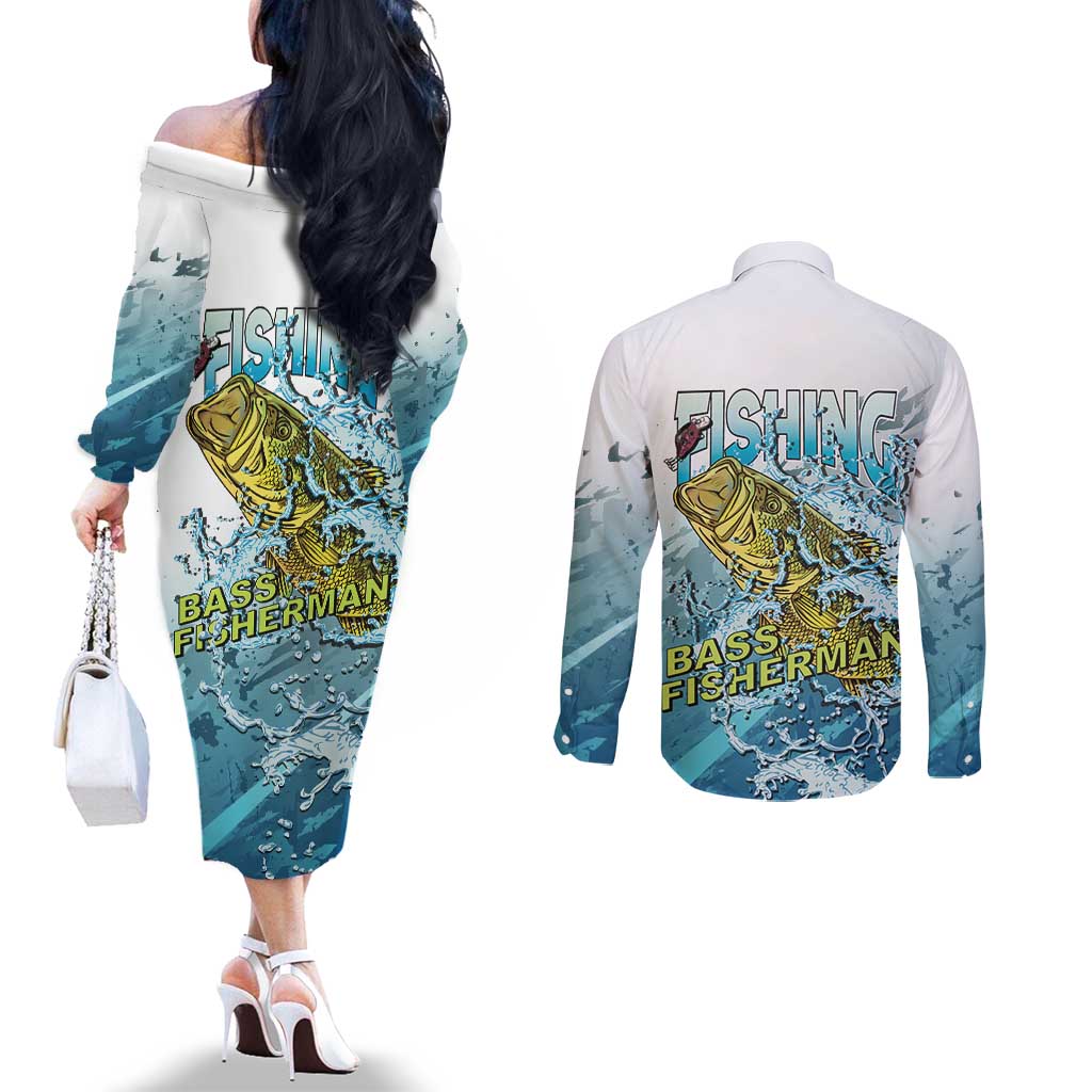 Bass Fishing Vintage Couples Matching Off The Shoulder Long Sleeve Dress and Long Sleeve Button Shirt - Wonder Print Shop