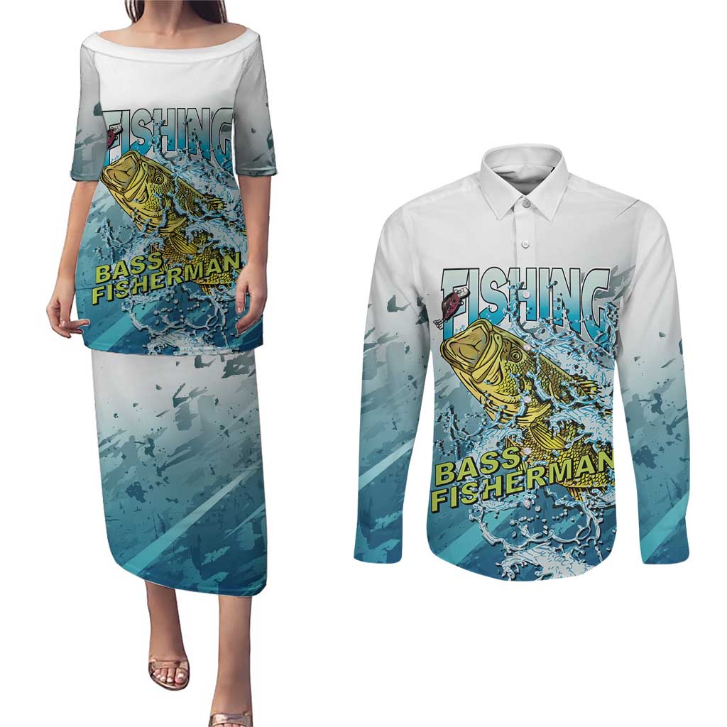 Bass Fishing Vintage Couples Matching Puletasi and Long Sleeve Button Shirt - Wonder Print Shop
