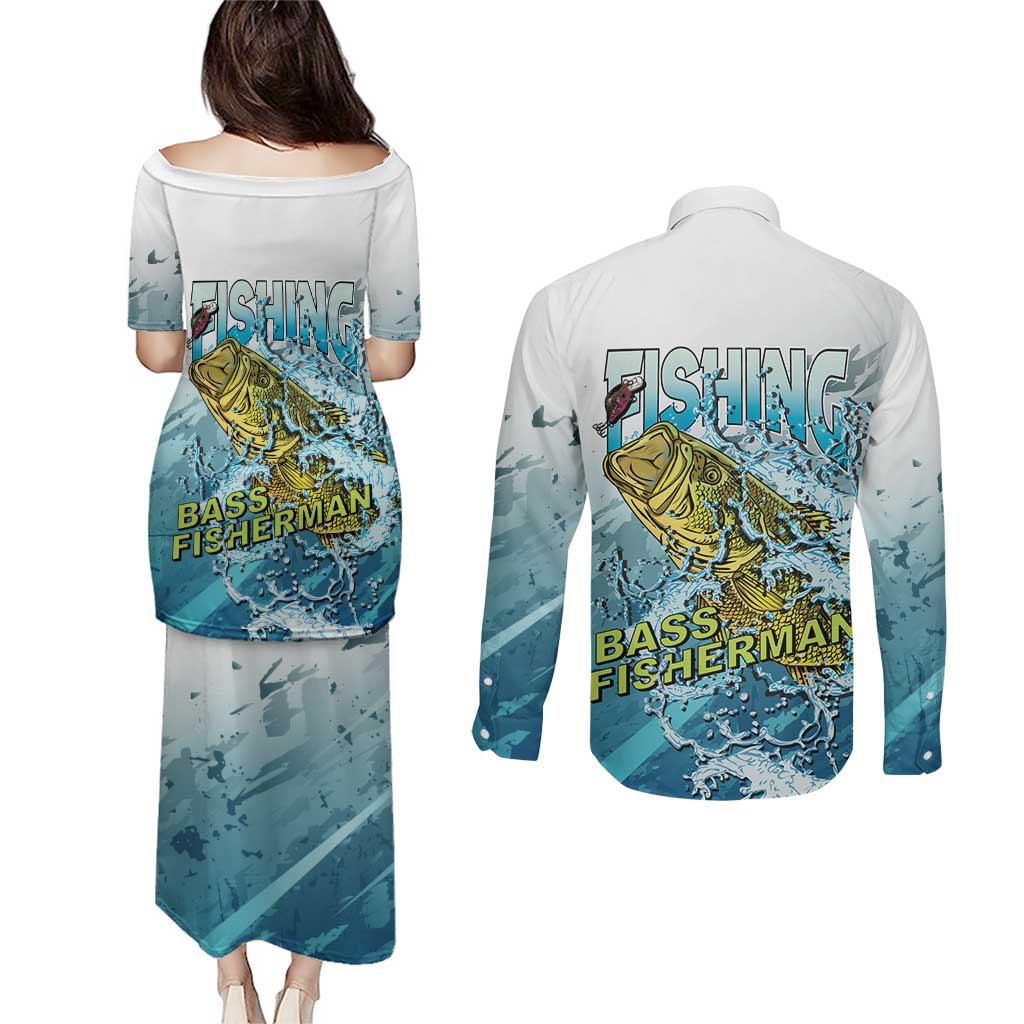 Bass Fishing Vintage Couples Matching Puletasi and Long Sleeve Button Shirt - Wonder Print Shop