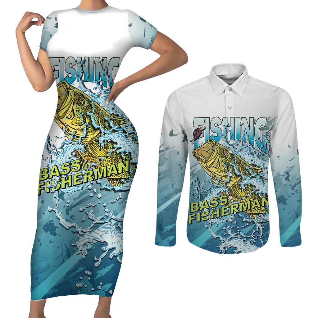 Bass Fishing Vintage Couples Matching Short Sleeve Bodycon Dress and Long Sleeve Button Shirt - Wonder Print Shop