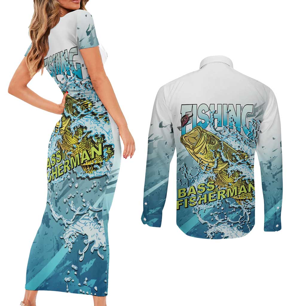 Bass Fishing Vintage Couples Matching Short Sleeve Bodycon Dress and Long Sleeve Button Shirt - Wonder Print Shop