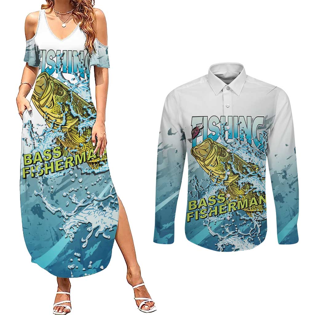 Bass Fishing Vintage Couples Matching Summer Maxi Dress and Long Sleeve Button Shirt - Wonder Print Shop