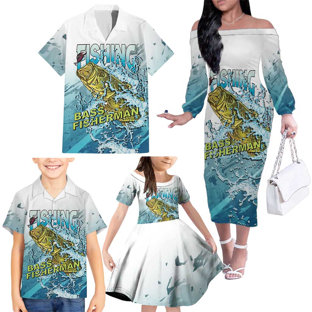 Bass Fishing Vintage Family Matching Off The Shoulder Long Sleeve Dress and Hawaiian Shirt - Wonder Print Shop
