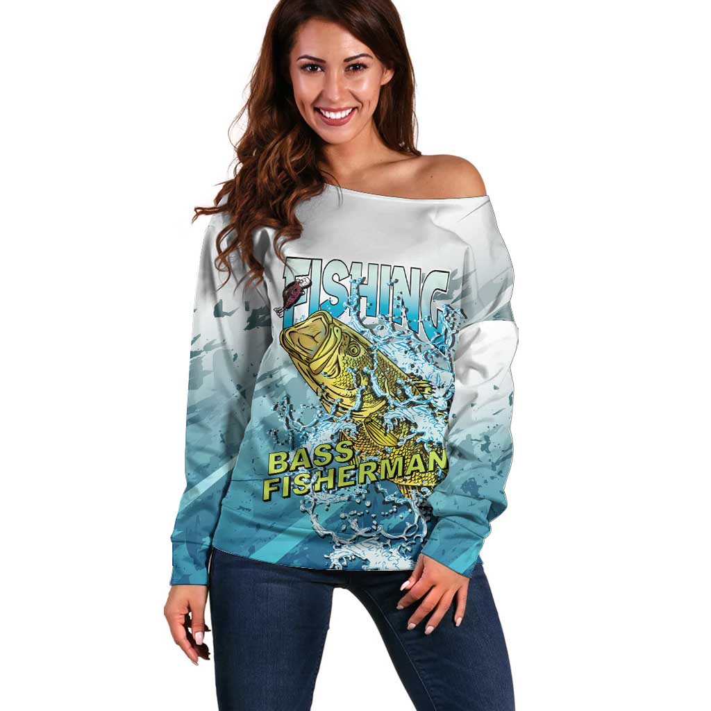 Bass Fishing Vintage Off Shoulder Sweater - Wonder Print Shop