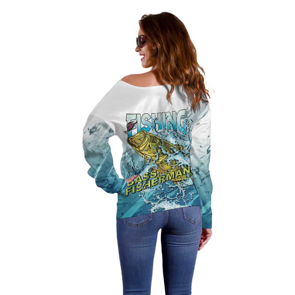 Bass Fishing Vintage Off Shoulder Sweater - Wonder Print Shop