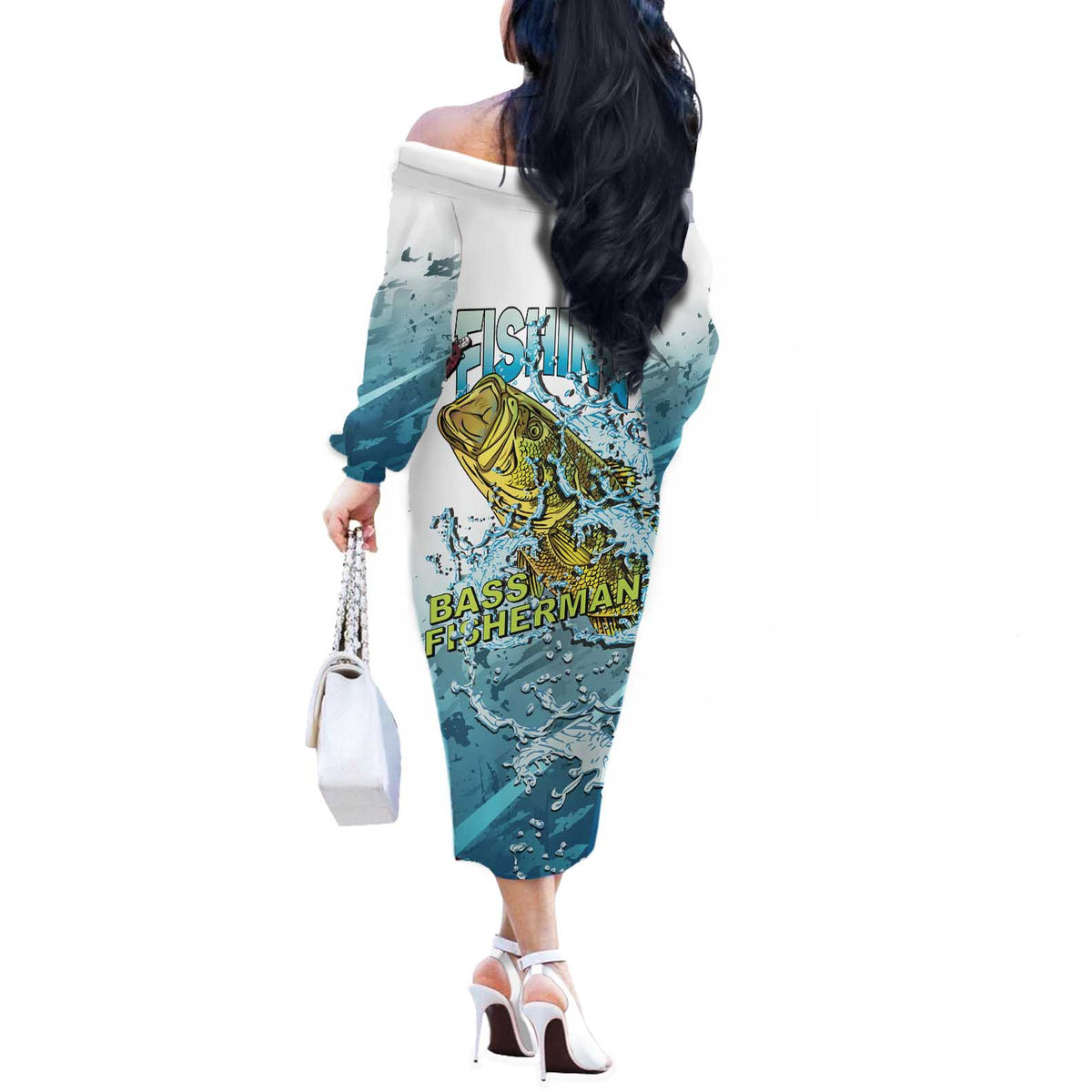 Bass Fishing Vintage Off The Shoulder Long Sleeve Dress - Wonder Print Shop