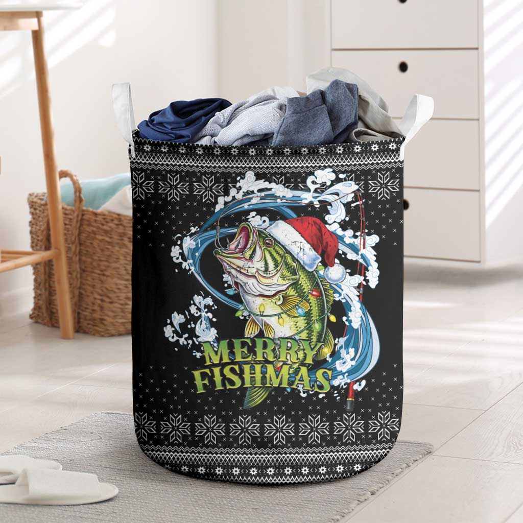 Funny Fishmas Bass Laundry Basket Fish Santa Hat Christmas Vibes - Wonder Print Shop