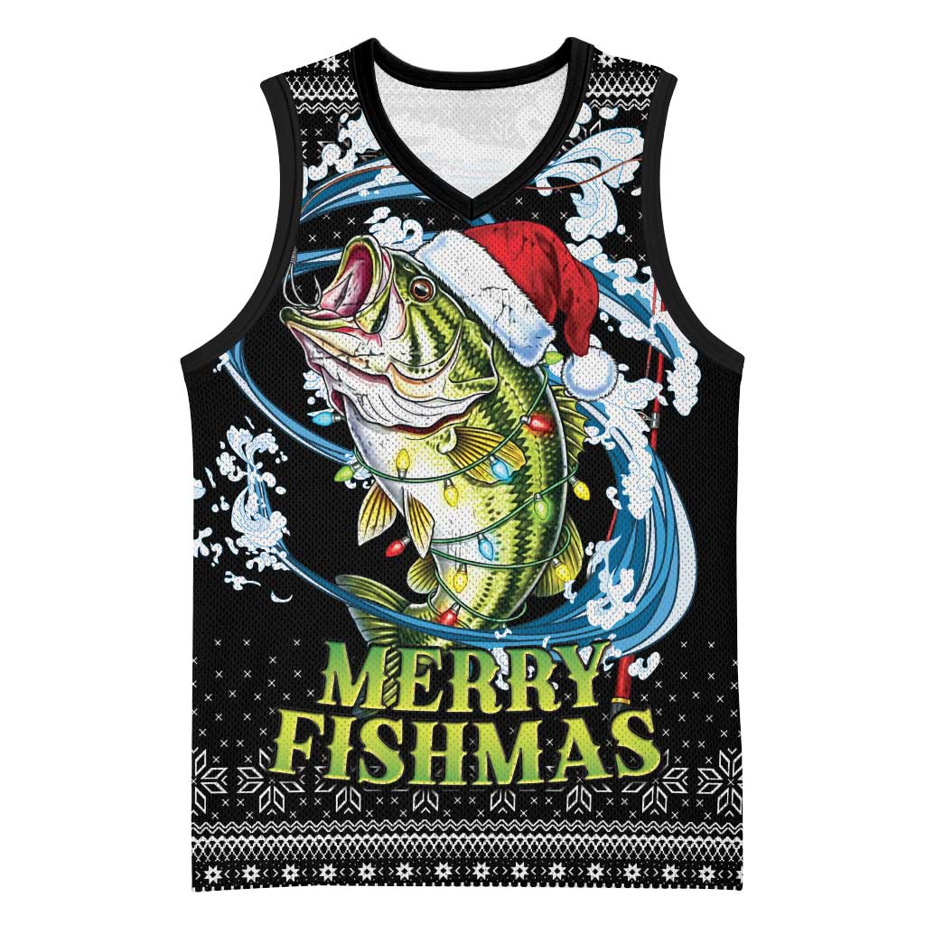 Funny Fishmas Bass Basketball Jersey Fish Santa Hat Christmas Vibes - Wonder Print Shop