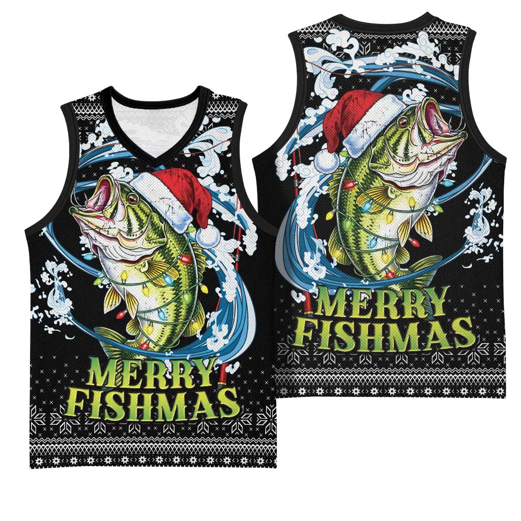 Funny Fishmas Bass Basketball Jersey Fish Santa Hat Christmas Vibes - Wonder Print Shop