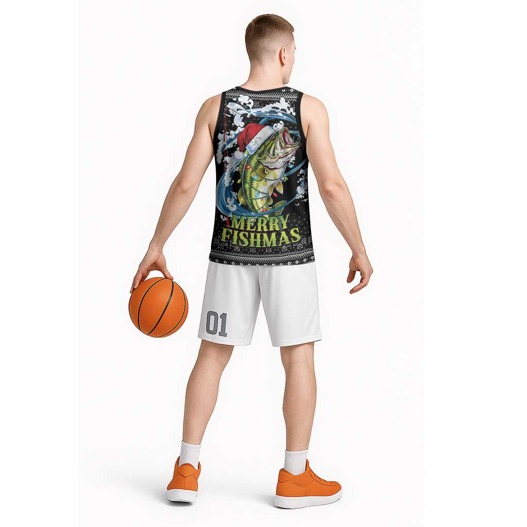Funny Fishmas Bass Basketball Jersey Fish Santa Hat Christmas Vibes - Wonder Print Shop