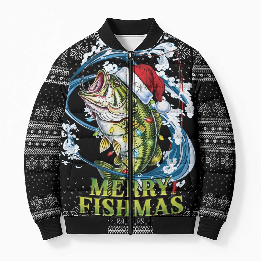 Funny Fishmas Bass Bomber Puffer Jacket Fish Santa Hat Christmas Vibes - Wonder Print Shop