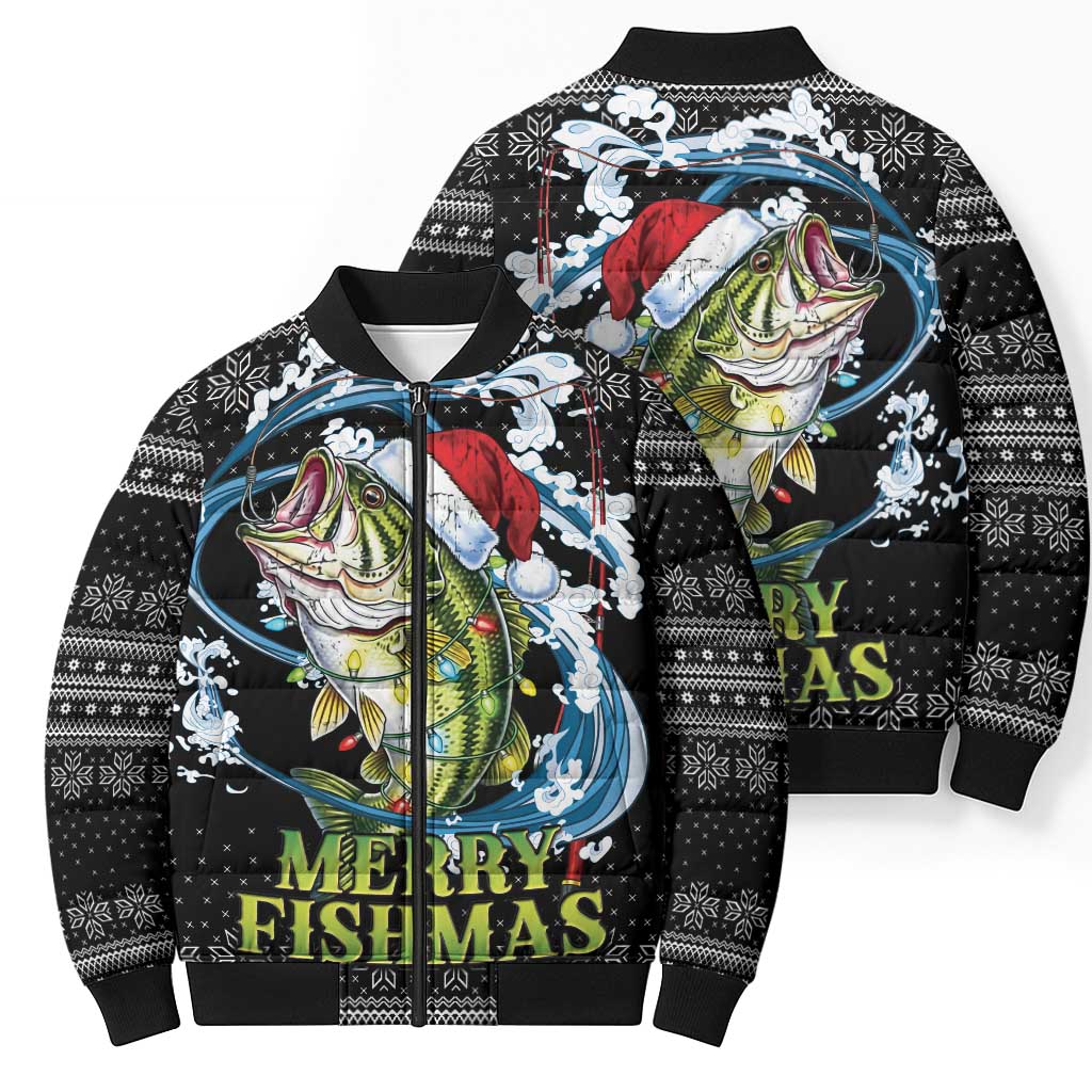 Funny Fishmas Bass Bomber Puffer Jacket Fish Santa Hat Christmas Vibes - Wonder Print Shop
