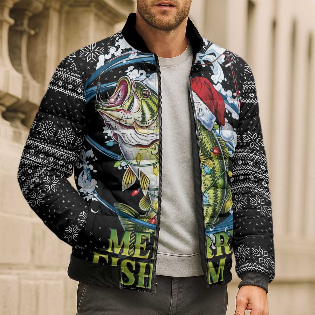 Funny Fishmas Bass Bomber Puffer Jacket Fish Santa Hat Christmas Vibes - Wonder Print Shop