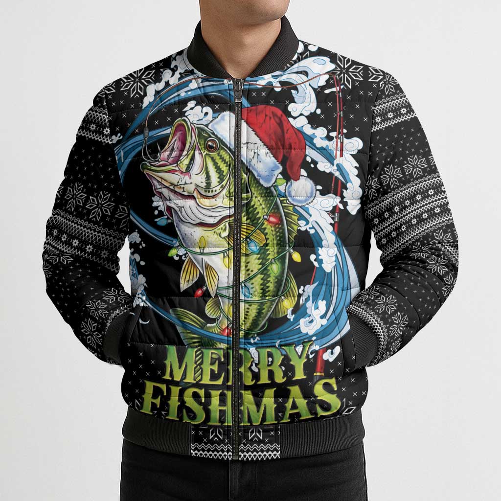 Funny Fishmas Bass Bomber Puffer Jacket Fish Santa Hat Christmas Vibes - Wonder Print Shop