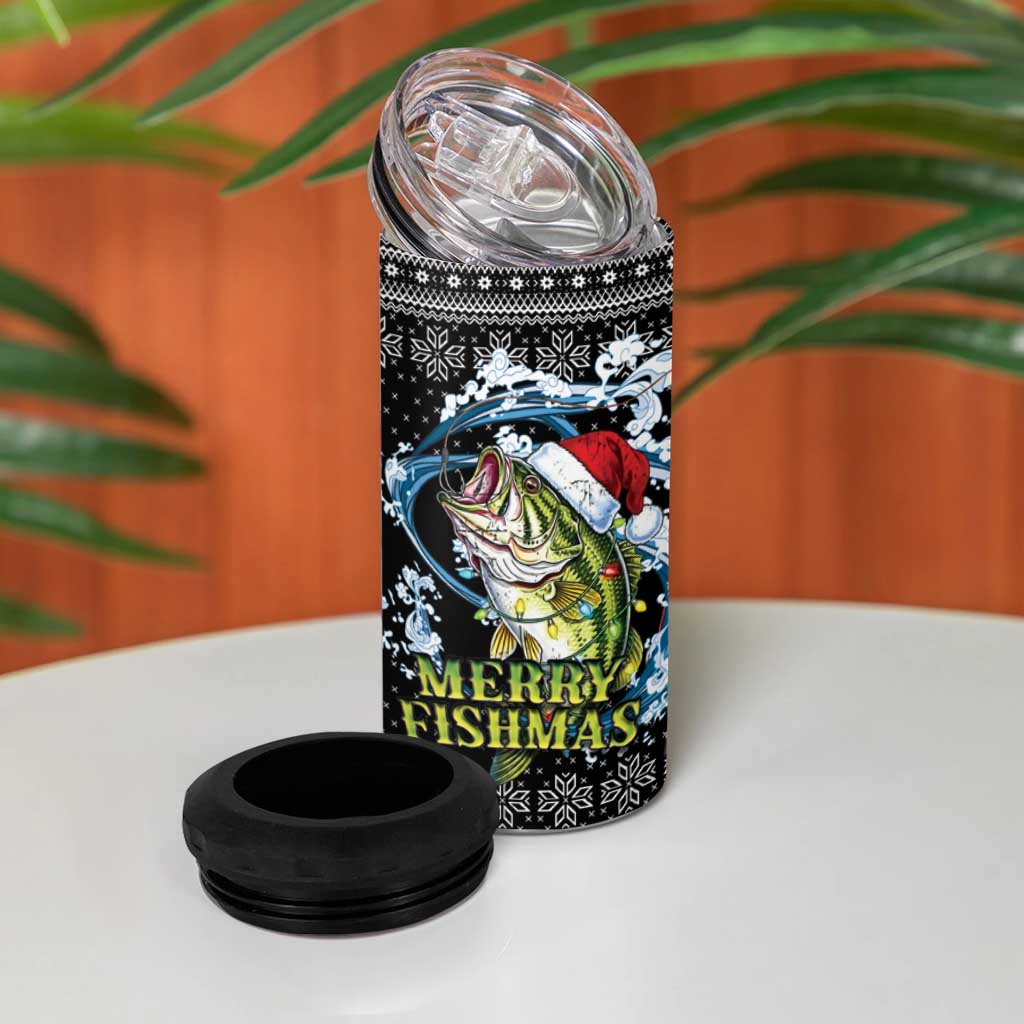 Funny Fishmas Bass 4 in 1 Can Cooler Tumbler Fish Santa Hat Christmas Vibes - Wonder Print Shop