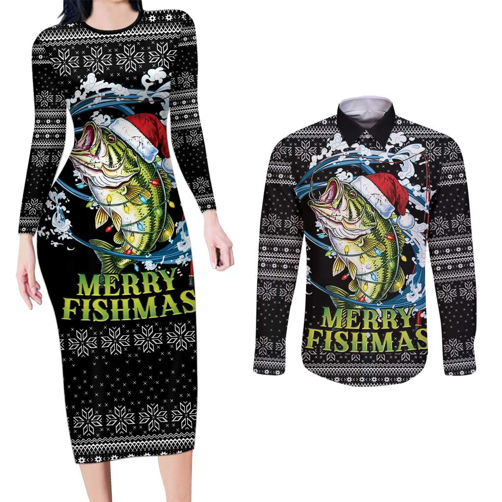 Funny Fishmas Bass Couples Matching Long Sleeve Bodycon Dress and Long Sleeve Button Shirt Fish Santa Hat Christmas Vibes - Wonder Print Shop