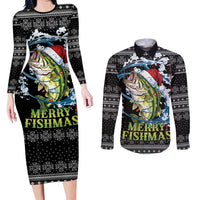 Funny Fishmas Bass Couples Matching Long Sleeve Bodycon Dress and Long Sleeve Button Shirt Fish Santa Hat Christmas Vibes - Wonder Print Shop