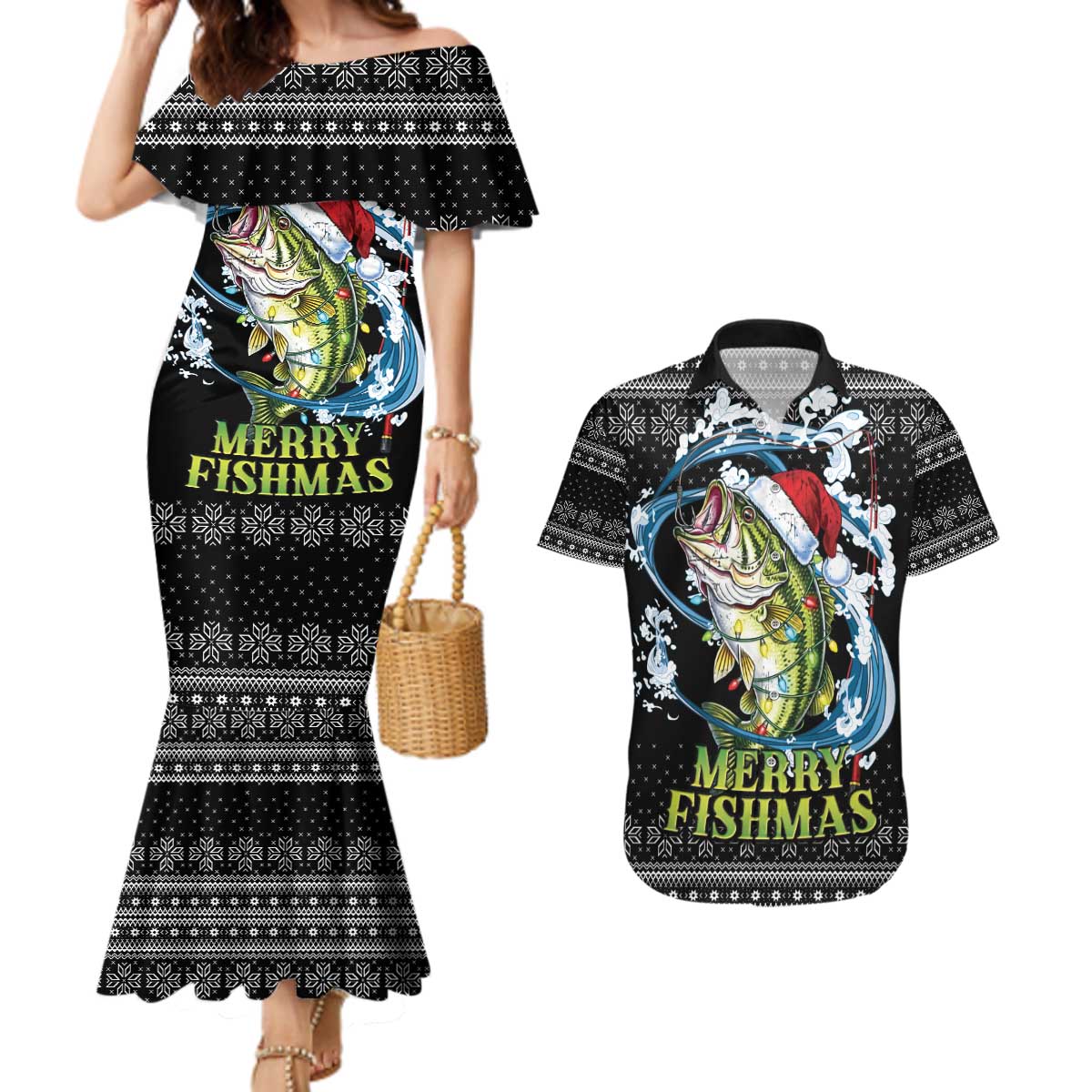 Funny Fishmas Bass Couples Matching Mermaid Dress and Hawaiian Shirt Fish Santa Hat Christmas Vibes - Wonder Print Shop