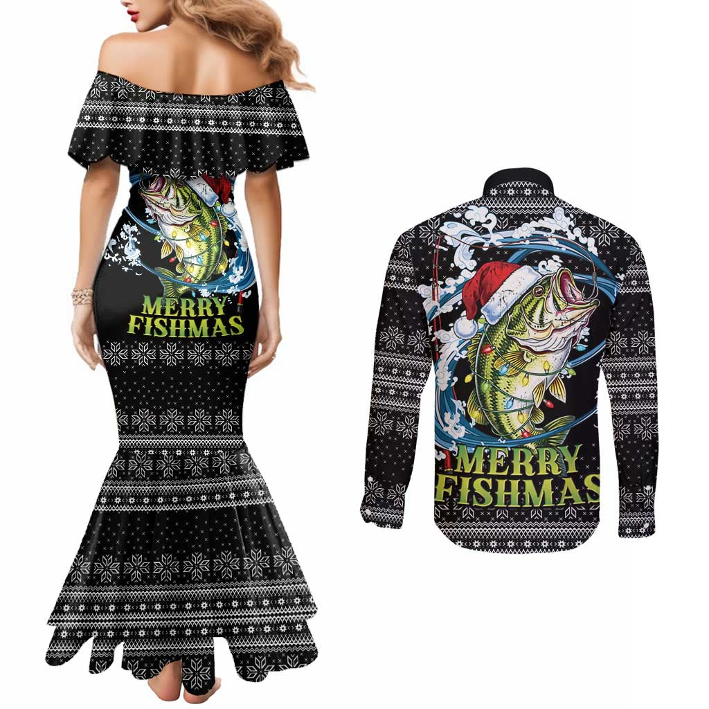 Funny Fishmas Bass Couples Matching Mermaid Dress and Long Sleeve Button Shirt Fish Santa Hat Christmas Vibes - Wonder Print Shop