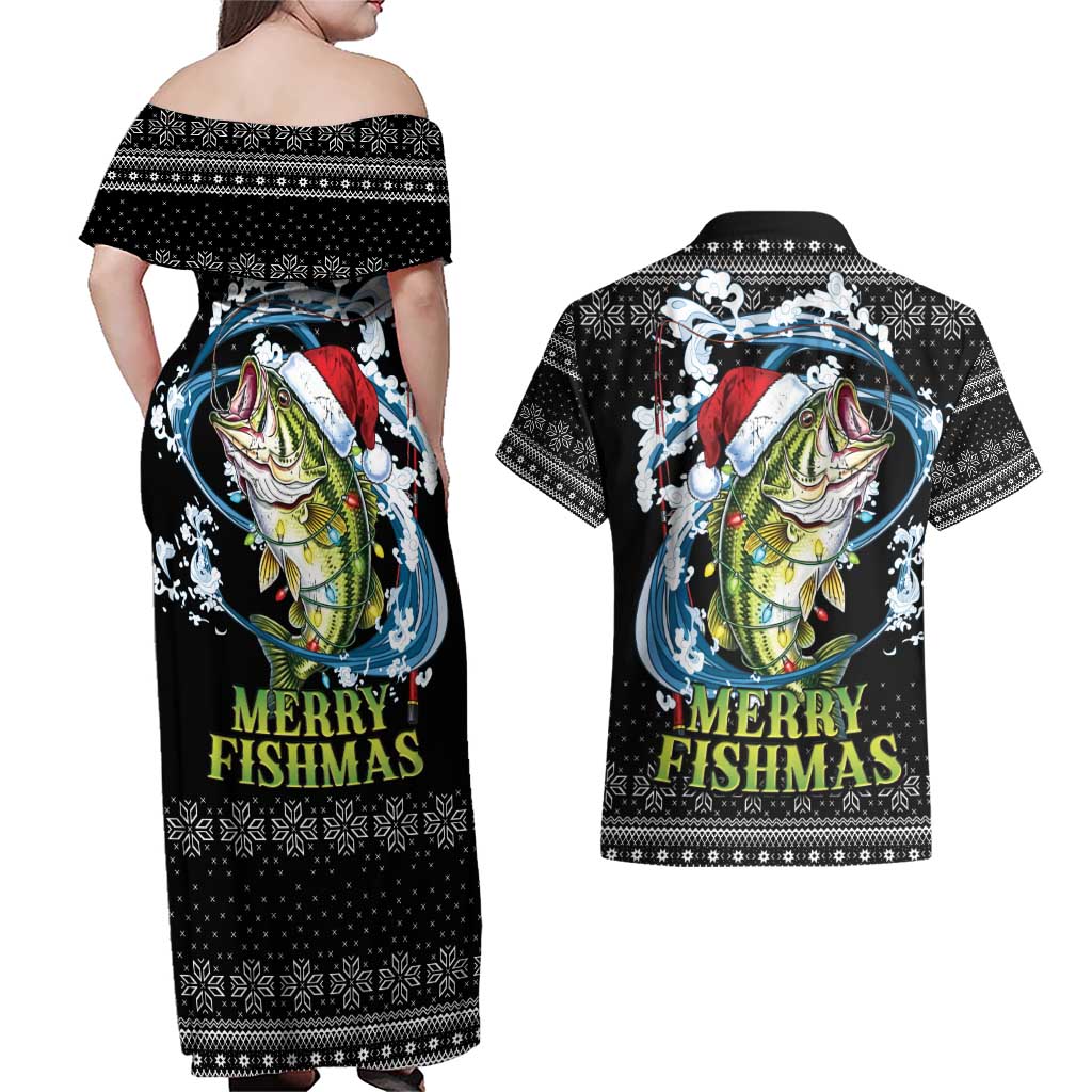 Funny Fishmas Bass Couples Matching Off Shoulder Maxi Dress and Hawaiian Shirt Fish Santa Hat Christmas Vibes - Wonder Print Shop