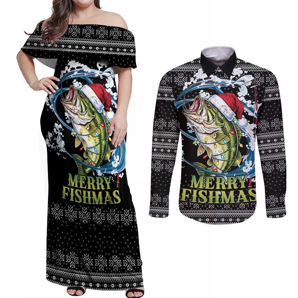 Funny Fishmas Bass Couples Matching Off Shoulder Maxi Dress and Long Sleeve Button Shirt Fish Santa Hat Christmas Vibes - Wonder Print Shop