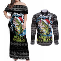 Funny Fishmas Bass Couples Matching Off Shoulder Maxi Dress and Long Sleeve Button Shirt Fish Santa Hat Christmas Vibes - Wonder Print Shop