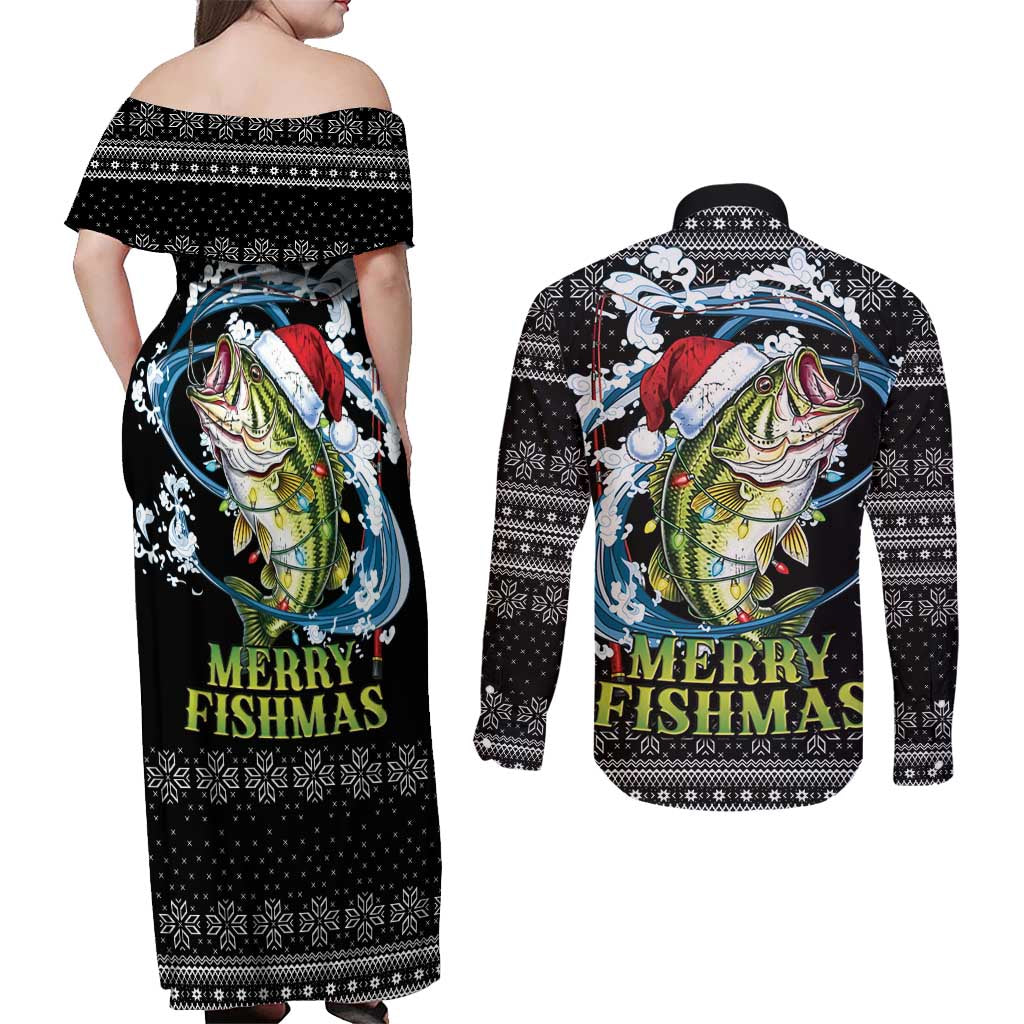 Funny Fishmas Bass Couples Matching Off Shoulder Maxi Dress and Long Sleeve Button Shirt Fish Santa Hat Christmas Vibes - Wonder Print Shop