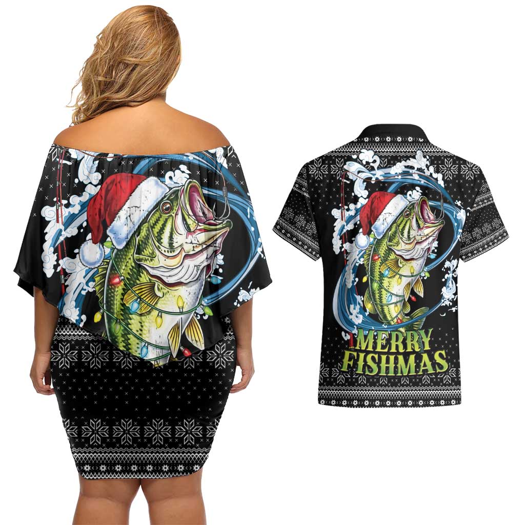 Funny Fishmas Bass Couples Matching Off Shoulder Short Dress and Hawaiian Shirt Fish Santa Hat Christmas Vibes - Wonder Print Shop