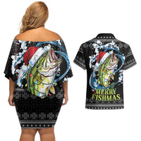 Funny Fishmas Bass Couples Matching Off Shoulder Short Dress and Hawaiian Shirt Fish Santa Hat Christmas Vibes - Wonder Print Shop