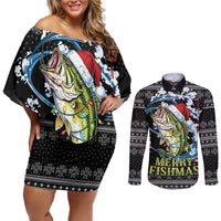 Funny Fishmas Bass Couples Matching Off Shoulder Short Dress and Long Sleeve Button Shirt Fish Santa Hat Christmas Vibes - Wonder Print Shop