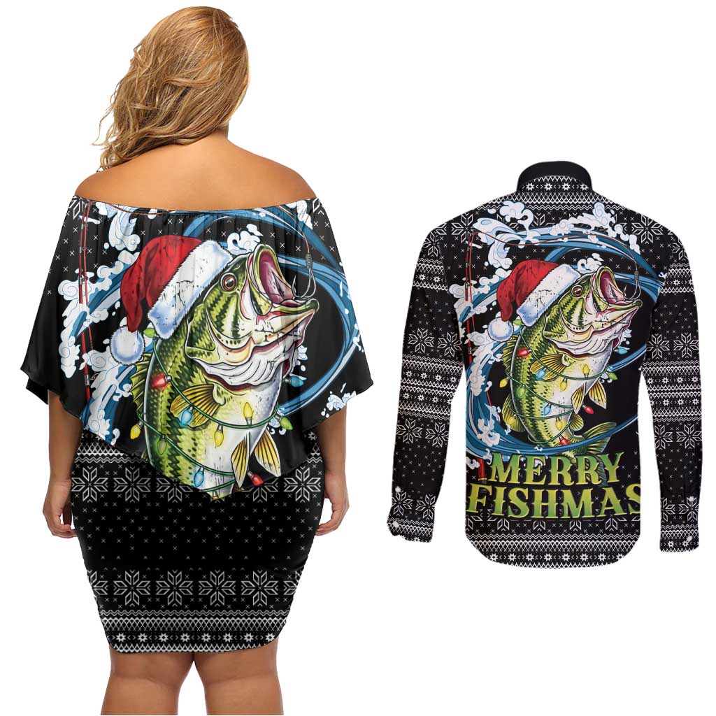 Funny Fishmas Bass Couples Matching Off Shoulder Short Dress and Long Sleeve Button Shirt Fish Santa Hat Christmas Vibes - Wonder Print Shop
