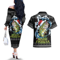 Funny Fishmas Bass Couples Matching Off The Shoulder Long Sleeve Dress and Hawaiian Shirt Fish Santa Hat Christmas Vibes - Wonder Print Shop